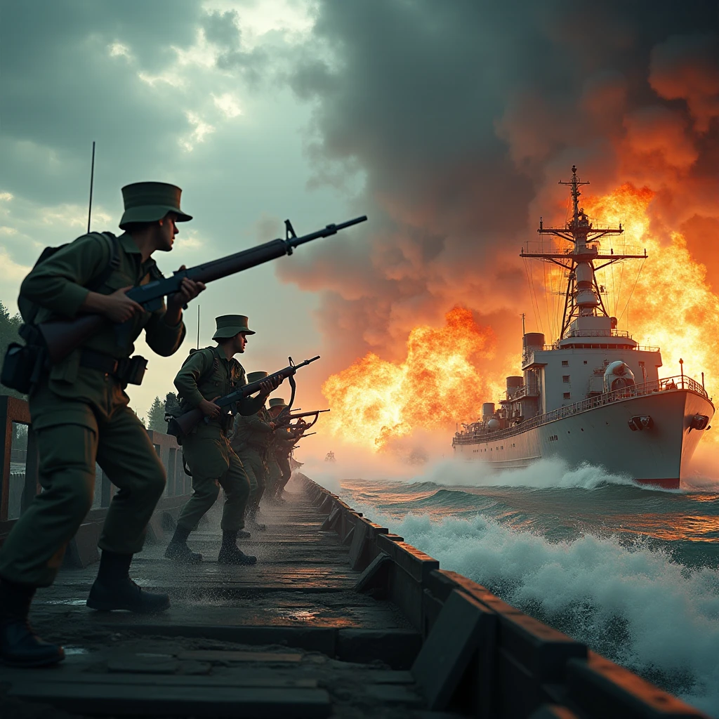 a heroic scene of Bangladeshi fighters destroying Pakistani warships during the Bangladesh Liberation War, detailed realistic 3D rendering, cinematic lighting, dramatic sky, smoke and flames, intense battle, soldiers in military uniforms with weapons, photorealistic,highly detailed,cinematic,dramatic,masterpiece,8k,vibrant colors