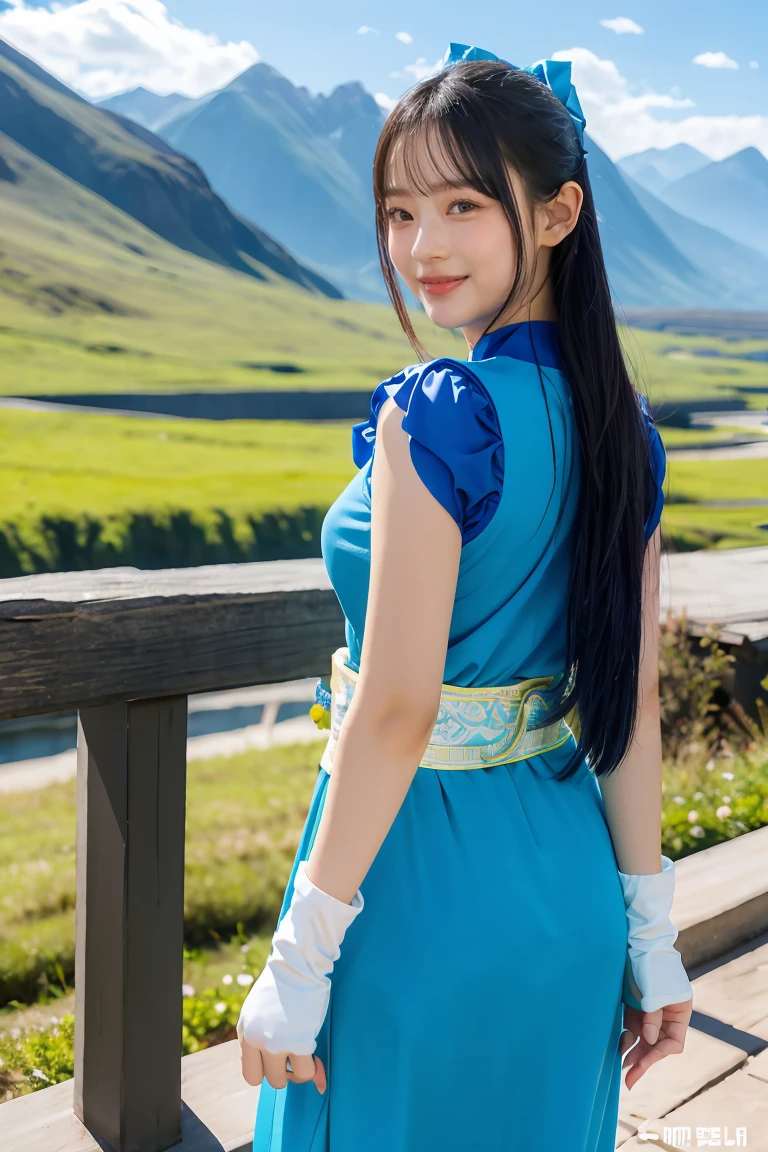 masterpiece, highest quality, default lin, blue clothes, pelvic curtain, sash, fingerless gloves, Are standing, looking at the viewer, stream, plain, Mountain, (from behind), smile, calm expression  