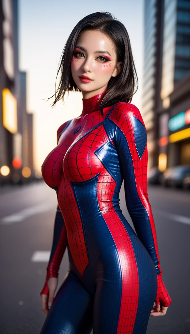 SPY DAGIRL 、 Spider-Woman blushing、 WOMAN IN SPIDERMAN COSTUME、Neon Suit、Beauty、 Japanese woman with a viewing angle of、 black hair straight long、 natural makeup that makes the suit shine、 slim figure、 fighting pose、 Cyberpunk City 、 gun for you、 realistic、 realistic images 、 Realistic As Pictured、 DSLR 