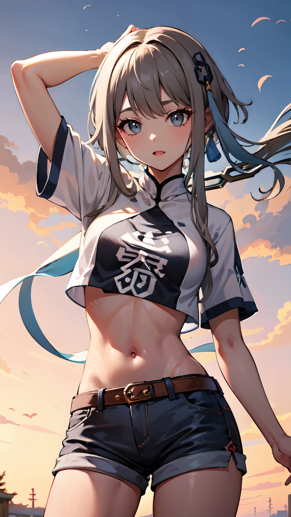 masterpiece, best quality, 1girl, solo, guizhong_genshin, gray hair, t-shirt, hot pants, thigh