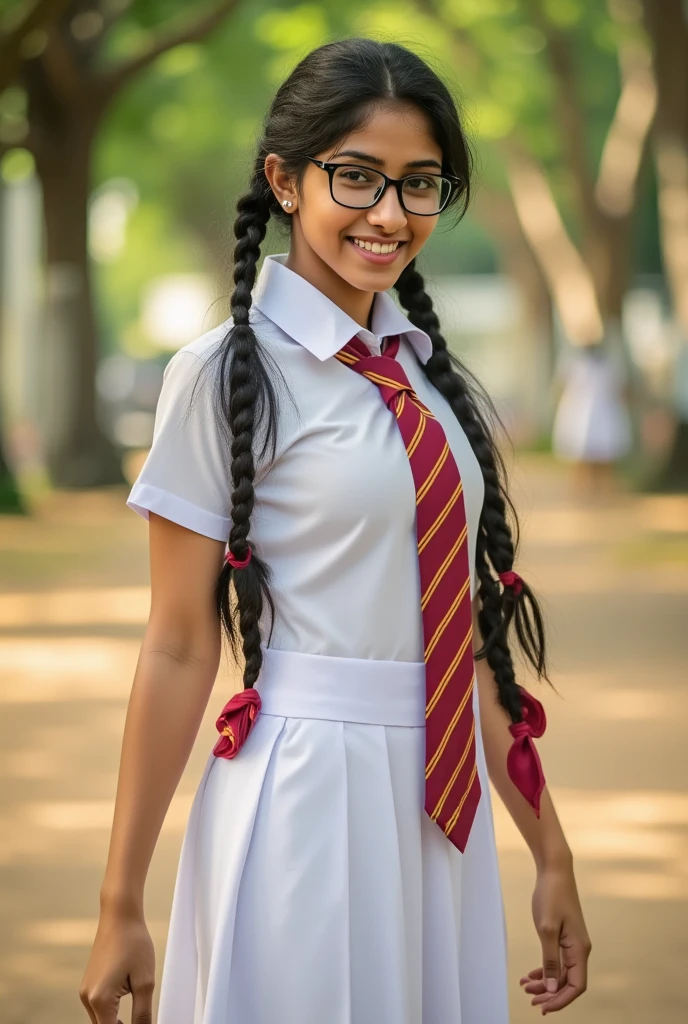 : A happy and cute 21-year-old Sri Lankan schoolgirl is walking through a park on the college campus. Apply a school background to match the picture and create a photo-realistic full image with confidence. She is dressed in a perfectly ironed white blouse, a red and orange striped tie, and a knee-length white school skirt. Her long black hair was styled into two thick pigtails tied with black ribbons that reached her waist. She is wearing glasses, smiling brightly, and on her feet, white shoes with striped socks, giving a casual yet neat look. The soft, warm morning light gently illuminates her face, enhancing her radiant and natural beauty. Adding a timeless and classic feel to the look. With a warm color temperature and natural lighting to maintain a realistic and vibrant atmosphere, Instagram model for real life details, face sensitive smile, glowing face, big breasts, 1 girl, beautiful cute young girl, (((big breast size)), detailed white gown uniform, colored tie, sitting on bed, ((((open legs))), full body, (((sexy thick thighs, clear perfect pussy) ))), wide photo ,cinematic lighting, surreal, photo realistic, 8k, masterpiece, high quality, intricate details, tanned dark colors, sweaty skin, (((((smooth facial features, high skirt)))), ((nsfw:1.5)), ((dynamic sexy pose)) velvaura, photorealis tic, Sri lanka real girl Look face shape Nayanathara Wickramaarachchi , instagram instagram real, real life, hi_resolution,