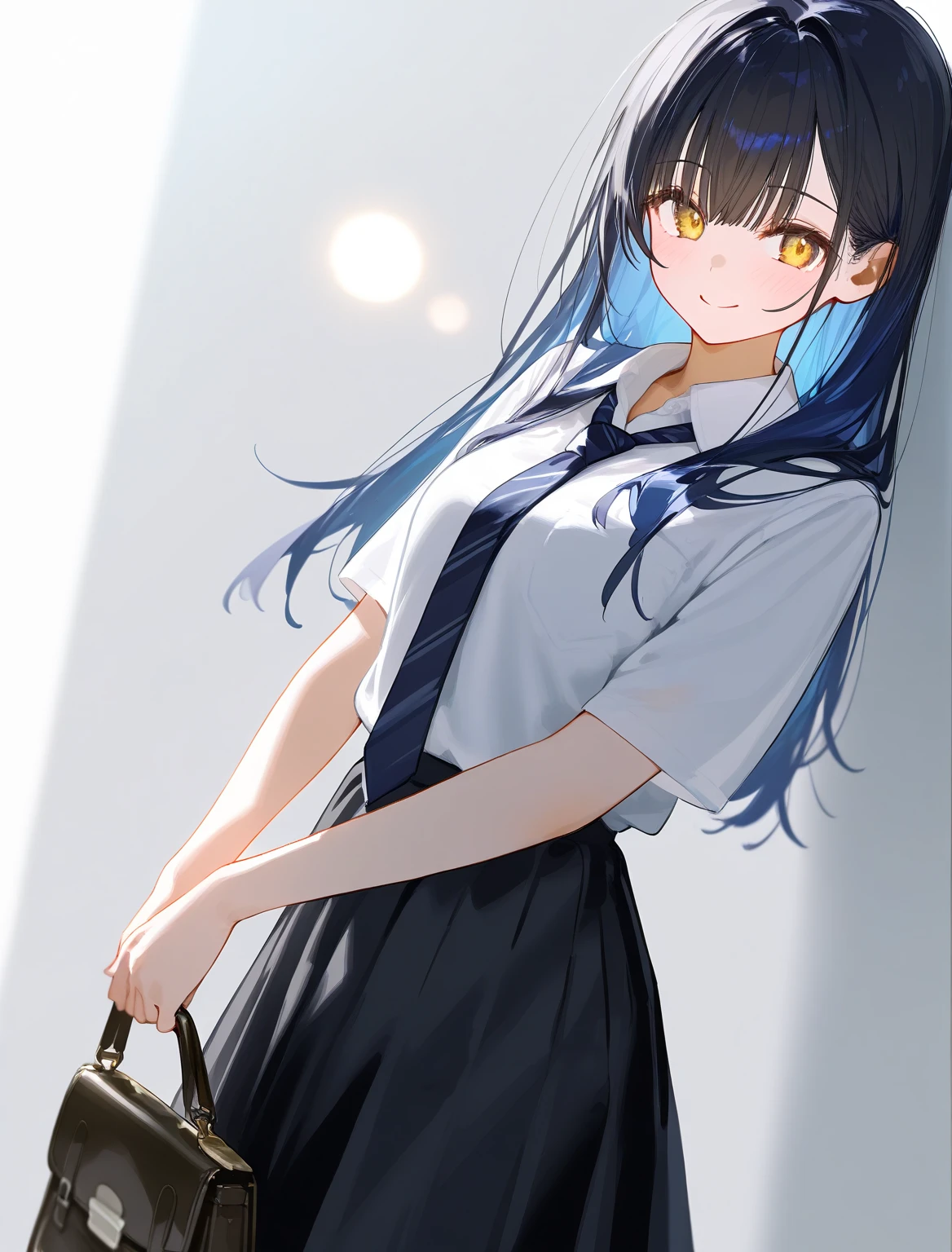 1girl, solo, student, white light burn blur blue long hair, holding a handbag  oranye yellow yellow eyes, wearing a short black skirt, wearing a school uniform shirt, wearing a ribbon tie
simple background, white background,
detailed beautiful eyes, perfect body, [nsfw:0.88]
(detailed light), (an extremely delicate and beautiful), volume light, best shadow,cinematic lighting, Depth of field, handwritten, smile doodle
nagi,