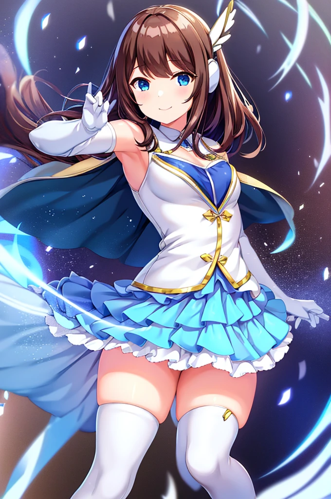  brown hair 、Kokomi Shiina、 smiling、mecha wing、Thighs、tights、chest、 blue eyes 、  1 girl、 solo girl 、 headset、 light blue miniskirt、White clothes