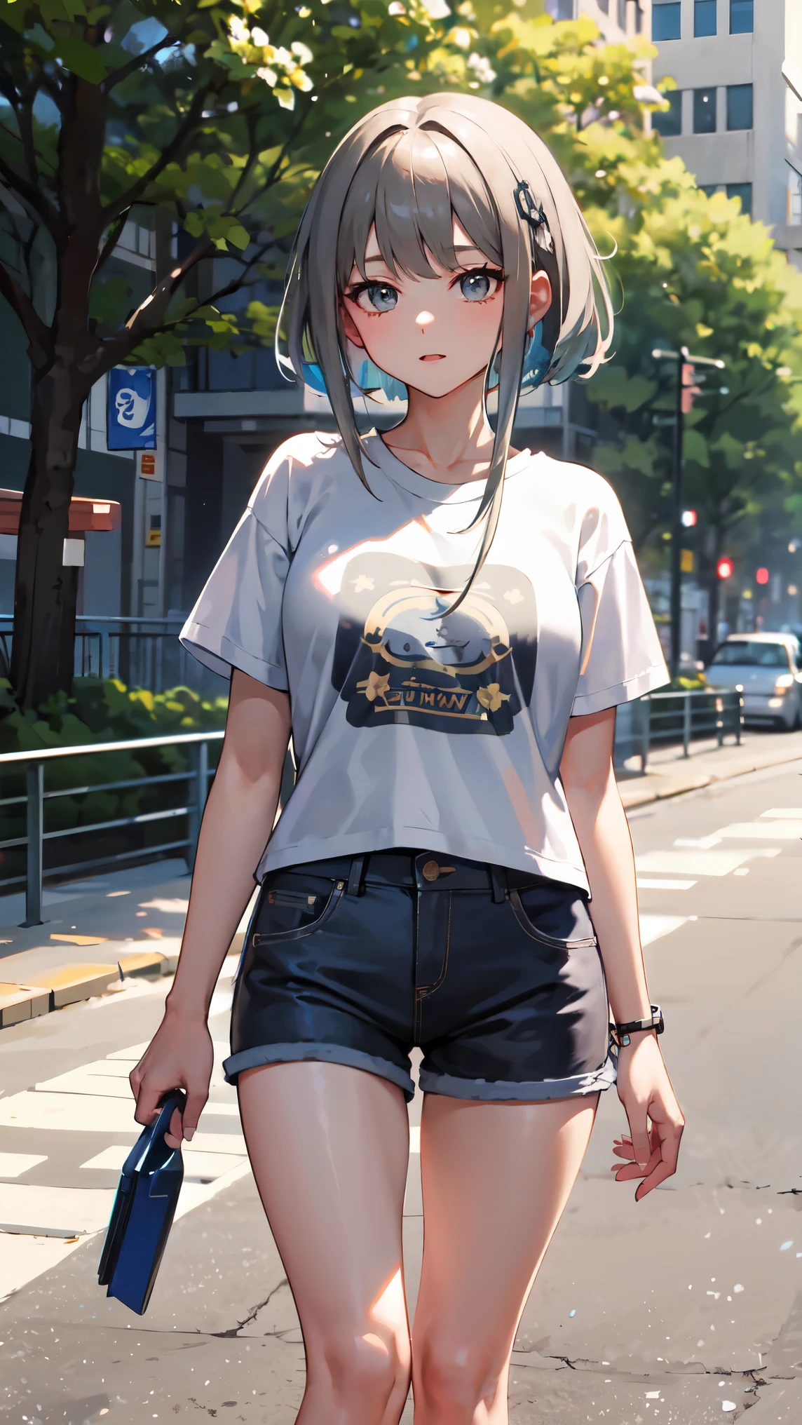 masterpiece, best quality, 1girl, solo, guizhong_genshin, gray hair, t-shirt, hot pants, thigh