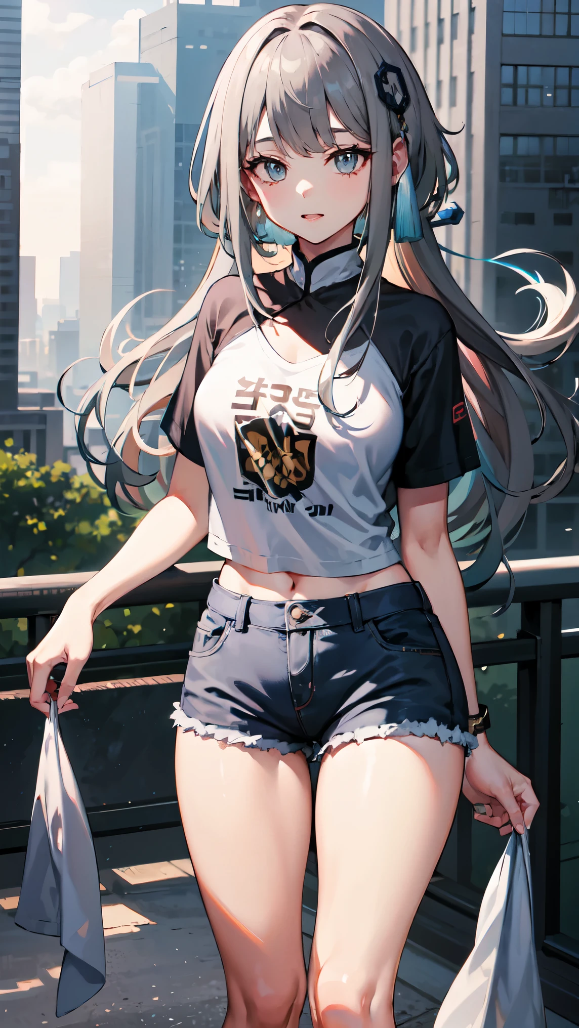 masterpiece, best quality, 1girl, solo, guizhong_genshin, gray hair, t-shirt, hot pants korean style, thigh