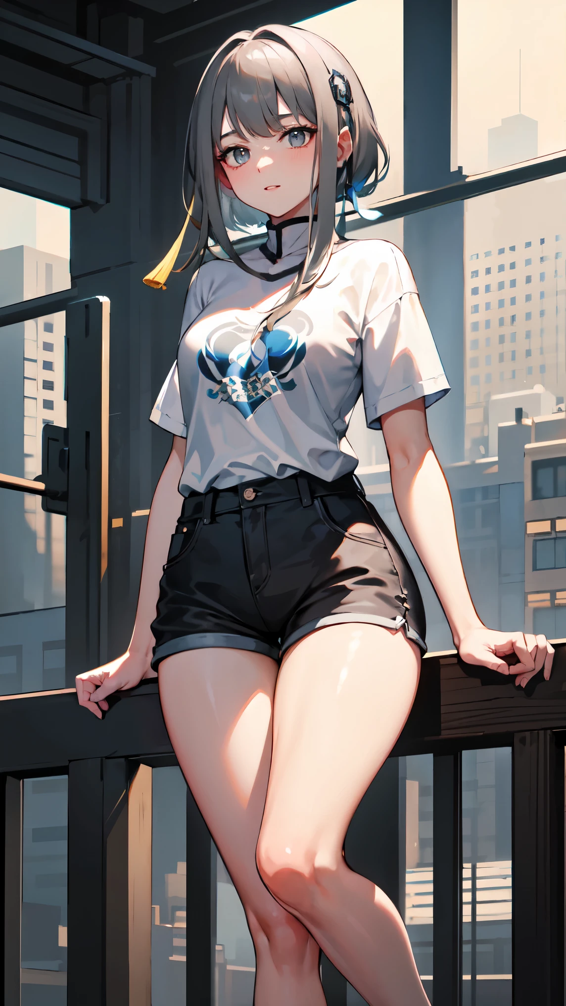 masterpiece, best quality, 1girl, solo, guizhong_genshin, gray hair, t-shirt, hot pants korean style, thigh