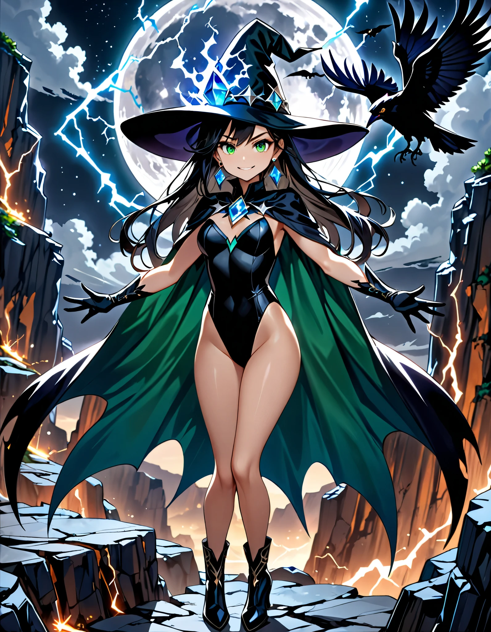 (masterpiece), (best quality), (high res), 1girl, jet black hair, long hair, green eyes, beautiful detailed eyes, beautiful detailed face, cute face, perfect hands, complete fingers, perfect anatomy, perfect proportions, ((hat, sorcerer's hat)), (diamond earnings), (cape), ((leotard, black leotard, matching leotard, bare legs)), ((boots, matching boots)), breasts, medium breasts, gloves, (full body portrait), outstretched arms, (casting spell), magic, (blue (jewel) on waist), cliff backdrop, full moon on background, lightning, (a black crow on her shoulder), dark atmosphere, wicked smile, full body costume design. fixed hands.