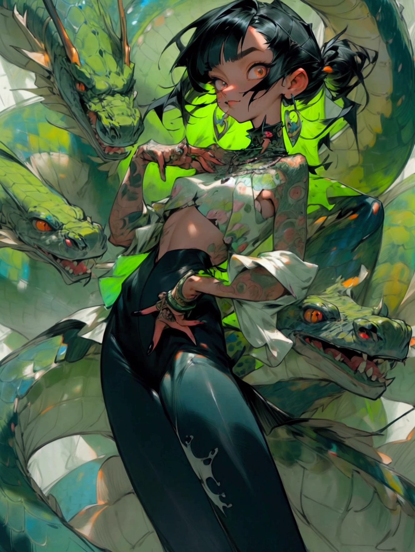 Flat tattoo effect design, Ashley Alexis Japanese beautiful woman Ponytail Super detailed black hairstyle, (Beautiful and vivid background: 1.2), Great painting, Ultra detailed doodle style, Flowers, T-shirt or dress with white blouse underneath future super detailed gacha, Location, Stained glass color, Great painting by Joe Madureira, high quality, 超詳細な接着art, Super dense beauty, , soul, digital figure, Comic book style, Perfect Anatomy, Super detailed big breasts, Centered, Approaching perfection, dynamic, Very detailed, Very detailed水彩画, artステーション, ultra-detailed コンセプトart, Smooth, Sharp focus, figure, art:Fresh Griffith、Vadim Kashin,, anime girl pose alone, Short pastel hair, Heterochromia iridis, Perfect Anatomy, Centered, Approaching perfection, dynamic, Very detailed, Character Sheet, artステーション, コンセプトart, Smooth, Sharp focus, figure, art:Kim Jung Gi, Alphonse Mucha Style, artジャーム, Fresh GriffithとVadim Kashin, Sasha Yakovleva, Barbaric, Jeremy Mann, Full body shot dress Super detailed, Character Sheet, Lei Bo, 美しいanimeの水彩画, Paint Drips by Tim Okamura, Viktor Nizovtsev, Greg Rutkowski, Noah Bradley. trend in artステーション, 8k, masterpiece, graffiti painting, The finer details, Colorful, Intricate details, Golden Ratio, Maximum Color, figure, Monochrome green background, masterpiece, 最high quality, high quality, taller thanes, 最high quality, High-resolution correction, Amazingly bright lighting, Detail enhancements, Detail enhancements, Various movements and poses, 最high quality, high quality, taller thanes, Detail enhancements, Great atmosphere, 超high quality, anime, , Great painting, 4K, masterpiece, taller thanes, Absurd, Natural volumetric lighting and great shadows, Depth of written boundary, Sharp focus, 4K, masterpiece, taller than