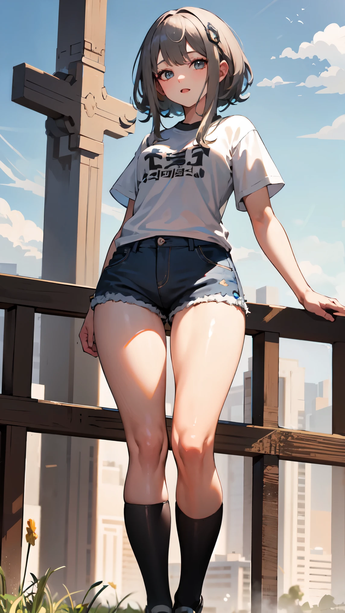 masterpiece, best quality, 1girl, solo, guizhong_genshin, gray hair, t-shirt, hot pants korean style, thigh