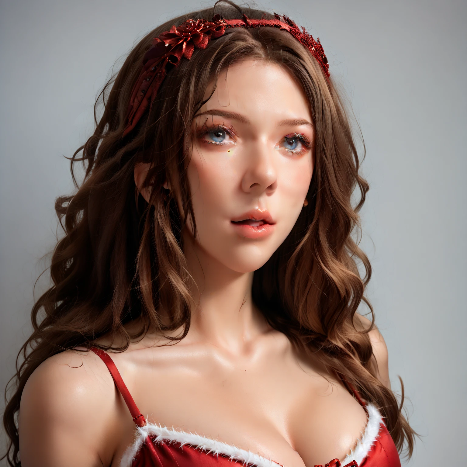 a woman in a seductive christmas outfit,scarlett johansson,beautiful detailed eyes,beautiful detailed lips,extremely detailed eyes and face,longeyelashes,coquettish look,intricate details,chiaroscuro lighting,warm color tones,cinematic,high quality,photorealistic,masterpiece,8k,ultra-detailed,realistic,vivid colors,studio lighting,physically-based rendering