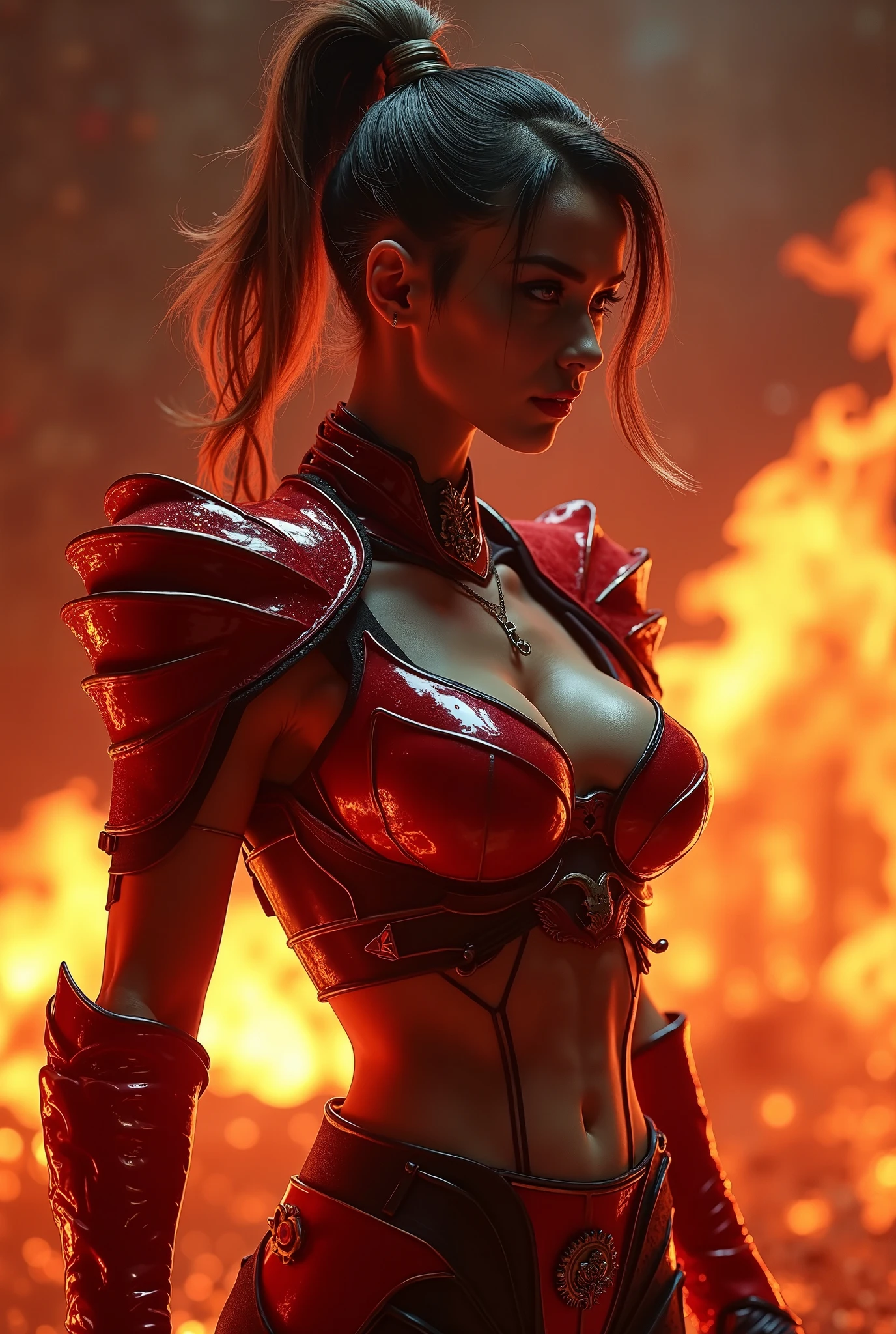NSFW、blacklight、Real Art、Slender and muscular macho woman,Super beauty,Black eyes,ultra-definition、1 milf、brown mohawk hair、mature demon slayer,cool smile、very large breast,Glowing dark red eyes、Slender and muscular mature woman、Slender and muscular lower body,Red and black sexy chest armor,Black and red trousers,Detailed light、illstration、dynamic ungle、depth of fields、(((((A MILF))))、Mature woman in fighting pose,Show me your fangs、(super A high)resolution、Top image quality)、(8K、Raw photo、Top image quality、masterpiece)、technological sense、Top image quality、masterpiece、illstration、CG、A sense of unity、wall-paper、offcial art、astounding、finely detail、extremely delicate and beautiful、ighly detailed、ighly detailed、Sharp focus、Rich background、(Real people、Imagen)、((high-detailed skin))、A large flame that burns red from the body(Flame effect with strong color tone)(many large flames)Fantasyart,Shoulder muscles,Split abs,super realistic skin,