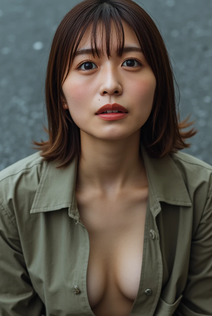  1 girl, alone,  high definition , chest ,  anatomically correct, Japanese wife 、45 years old、short hair、 Unbuttoned shirt on the chest、Overlooking, I'm looking at you with an upward gaze、surprise, Light blush, 