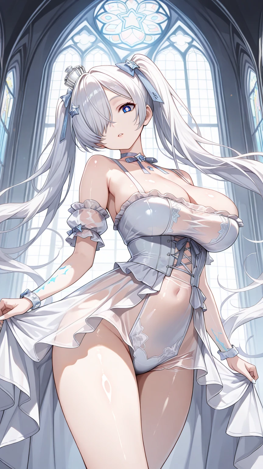 (masterpiece,  top quality,  absurd,  high definition ,  Concept Art ,  vibrant colors,  more, up to date, Ray Tracing),  1 girl, Alone, cinpri, shiny blue eyes, white pupils, shiny white hair, twintails, very long hair, hair over one eye, one eye covered, eyebrows hidden by hair, hair bow, STAR HAIR ORNAMENT, silver crown, minicrown, large breasts, neck ribbon, choker, cleavage, see-through dress, white dress, bare shoulders, detached sleeves, frills, white nails,  viewers of the pin, Open lips, (Detailed and beautiful church), (shiny skin,  beautiful skin,  Textured Skin ,  smooth skin,  shiny skin, Body that emits light ), (from below:1.5, head tilt, arched back, crotch focus:1.5, open legs), 