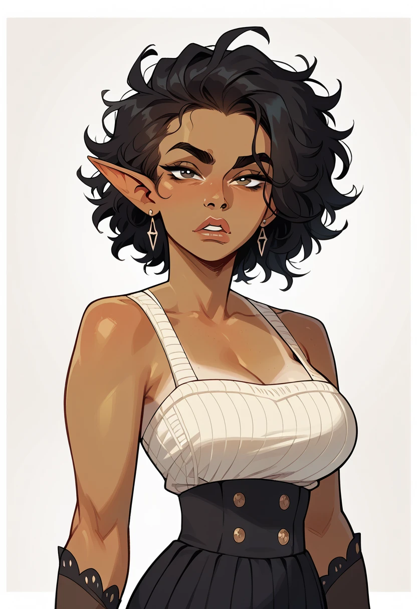 1female elf, looking at viewer, black hair, big eyebrows, messy hair, (tanned skin), (seductive expression: she’s toying with me and seduces me),  in relation to big head, small waist, big breasts
BREAK
score_9, score_8_up, score_7_up, score_6_up, score_5_up, score_4_up
