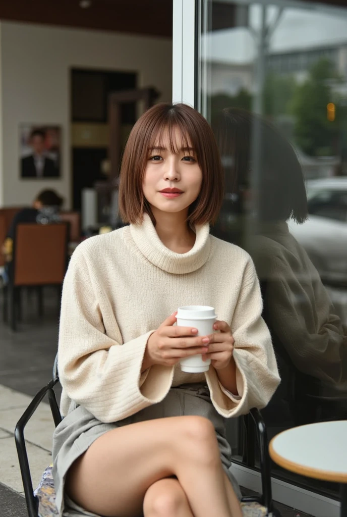  1 girl, alone,  high definition , chest,  open your mouth slightly ,  anatomically correct, Japanese wife 、45 years old、short hair、high neck sweater、Skirt with slit、 Legs crossed、shows her thighs 、Open Cafe、sitting on a chair drinking coffee、Rotated, whole body、 beautiful feet