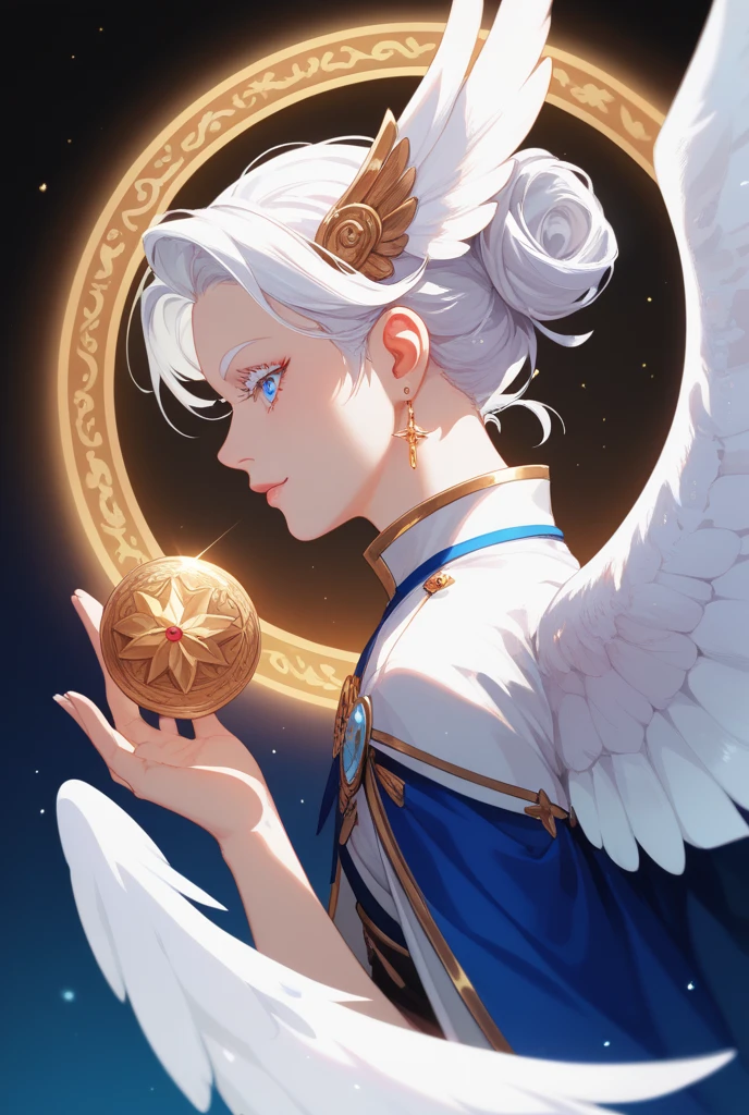 1 chico, fine-featured face,  thin white hair ,  heavenly eyes with thin white eyelashes , white cassock ,  protrude from her back wings shaped by white feathers,  golden aurora above her head ,  From the Side ,  holding a blue lycoris radiata ,  her gaze on what she holds .  Detailed , quality,  Masterpiece 