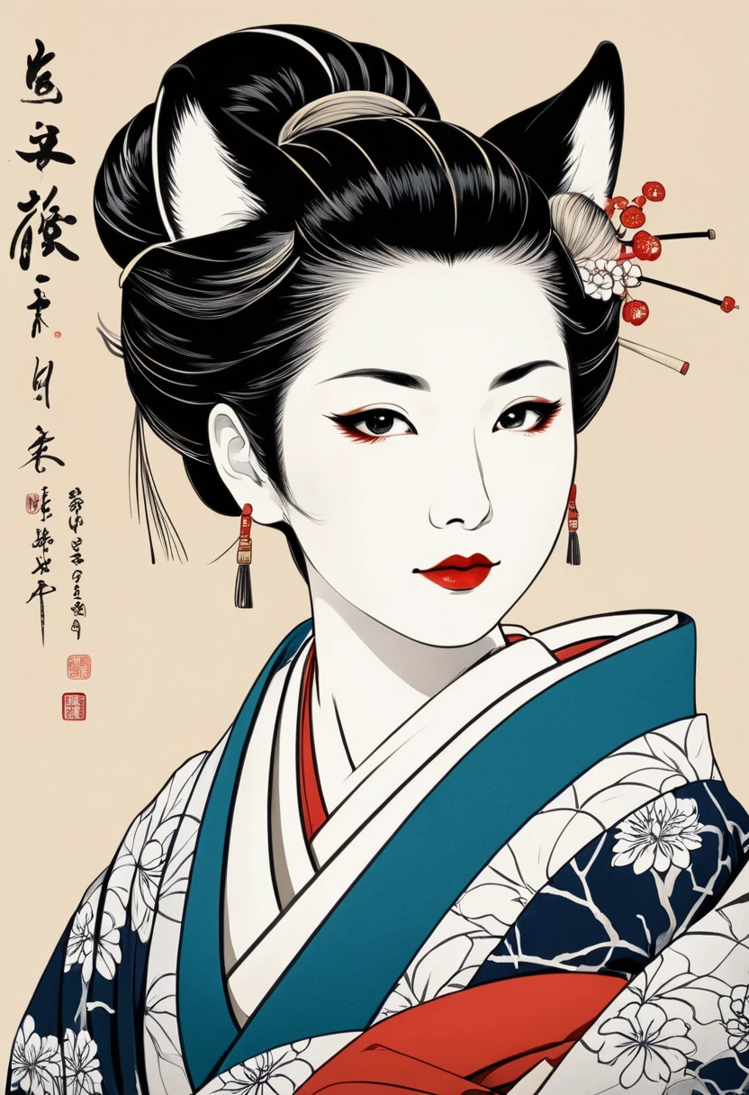 ( top quality,masterpiece, Ukisei, Line Art,Ink Painting, Katsushika Kitasai ,4 colors),Japanese woman in a kimono (Updo, very beautiful face ,Slanted Eyes,Cold gaze, has fox ears and a fox tail), simple background