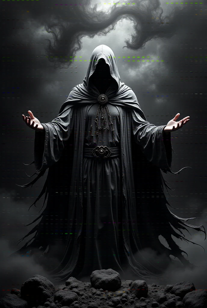 This is a dramatic, CGI-generated image depicting a powerful, mystical scene steeped in void-like darkness. The central figure is an imposing, hooded entity, draped in a tattered cloak that billows eerily around them, as if alive with the essence of shadow itself. Their face remains obscured by the deep shadows of the hood, enhancing the enigmatic and ominous atmosphere. As they stand with arms raised and hands open, a swirling mass of void energy radiates from their fingertips, distorting the surrounding darkness and hinting at their immense control over the chaotic forces of the abyss that swirl around them, pulling in light and matter alike.