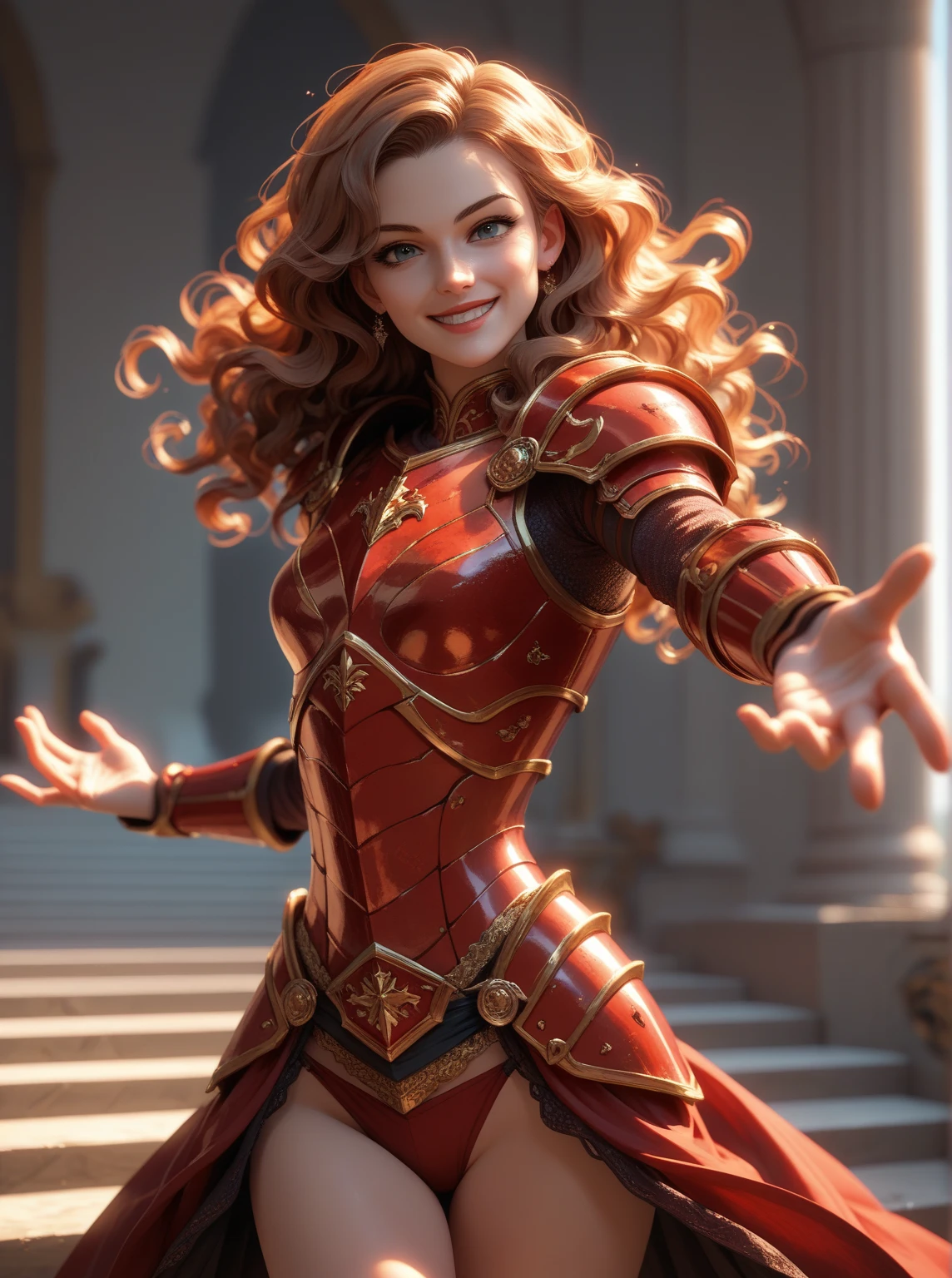 score_9, score_8_up, score_7_up, red armor, elegant, wavy hair, female, warrior, seductive smile, legs, reaching out, head tilt,