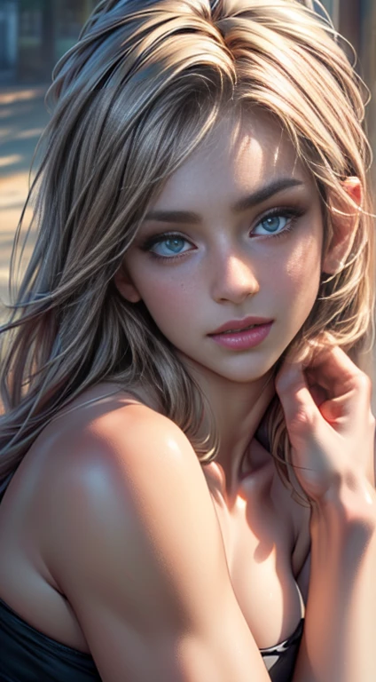 brown hair with blond highlights, very long wind blown hair, close-up, thick eyebrows, bold eyelashes,  a blanket at the beach on a sunny day. show, nude,
