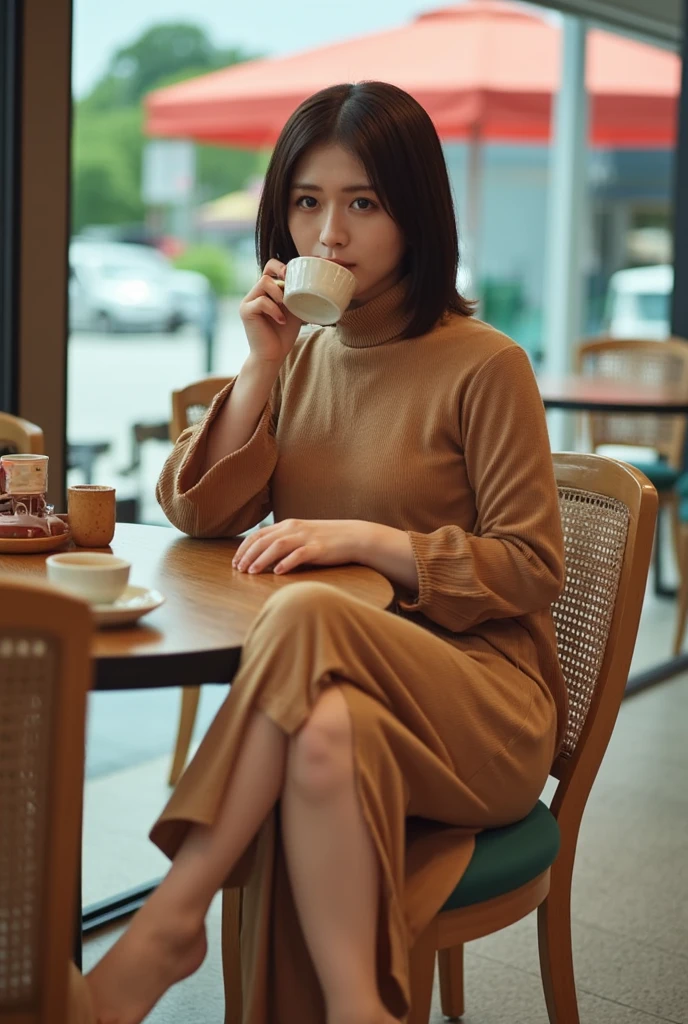  1 girl, alone,  high definition , chest,  open your mouth slightly ,  anatomically correct, Japanese wife 、30 years old、short hair、high neck sweater、long Skirt with slit、 Legs crossed、shows her thighs 、Open Cafe、sitting on a chair drinking coffee、Rotated, whole body、 beautiful feet