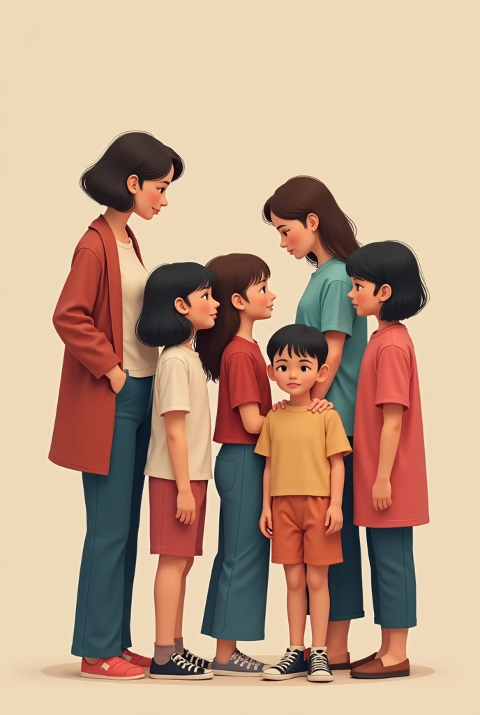 A short brother standing in the middle, he has six very tall sisters, three of the sisters standing in the left of the brother, the other three sisters is standing on the right of the brother