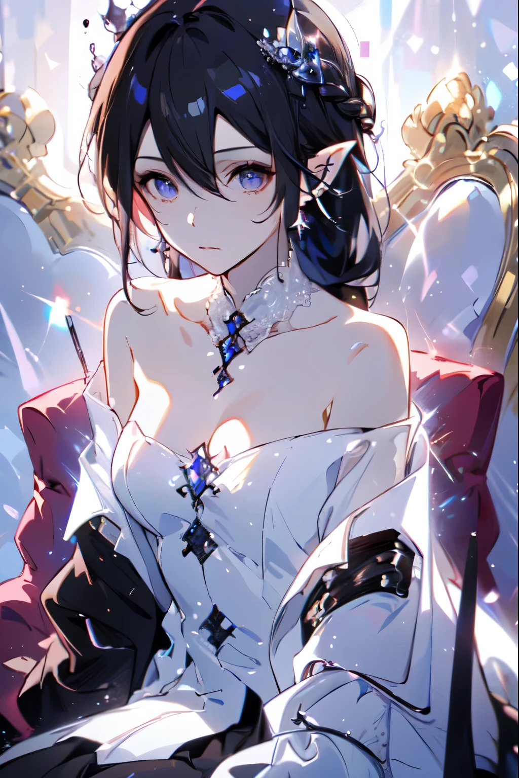  Quality Best ,  very detailed , masterpiece, Super fine, (Reality: 1.2),  1 girl at home, ( white background ),  Clean Background ,  Black eyes, black hair,  purple eyes , hair_  ornament  , (White off-the-shoulder shirt: 1.3), long hair, Sharp_ear, crown_braid, No Expression, straight hair, (++ Sitting: 1.2), Room,

 Long hair ，Female Kirito ，Big breasts(d), Chest, Black Hair, Pointed ears,  bow hair accessories , 