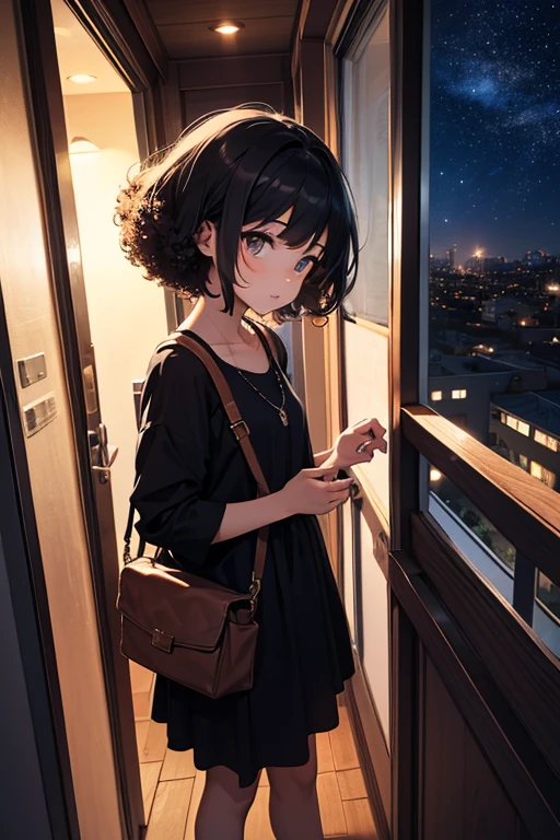 young girl, afro americana,    looking through the balcony of an apartment at the starry sky in the late afternoon High resolution,  masterpiece , Best quality Black hair , 