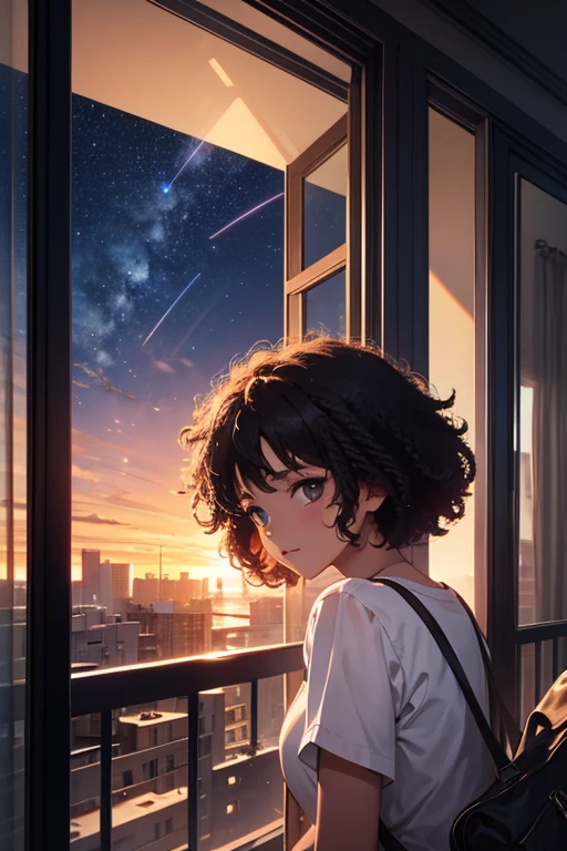 young girl, afro americana,    looking through the balcony of an apartment at the starry sky in the late afternoon High resolution,  masterpiece , Best quality Black hair , 