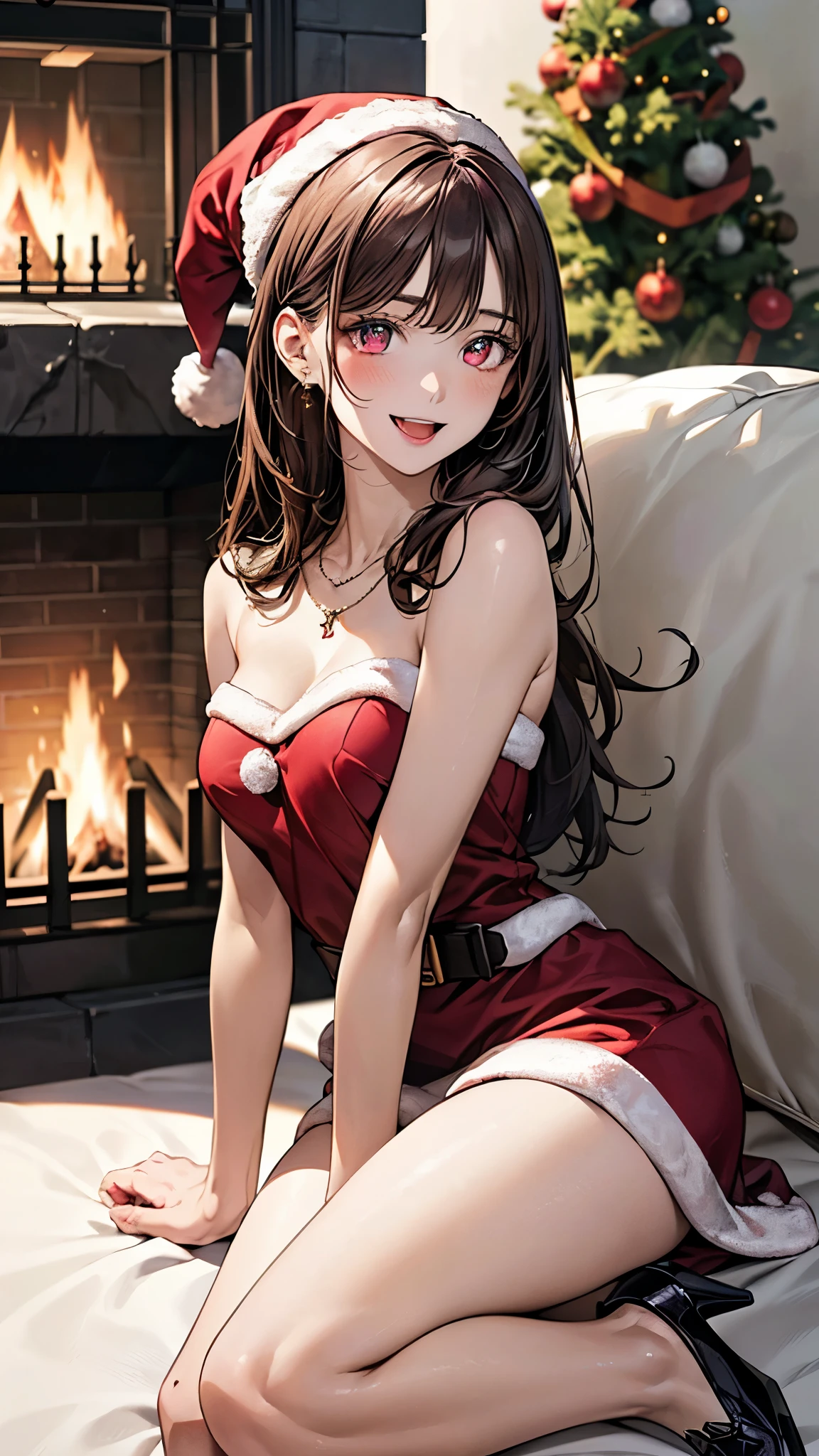 masutepiece, of the highest quality, 16k UHD,
Sitting,
Room with warm Christmas decorations, 2girls, Multiple Girls, Solo, Cute, Warm smile, Blushing, embarrassed, itting open legs, Cameltoe,  (Red Bunny Girl Costume:1.4),