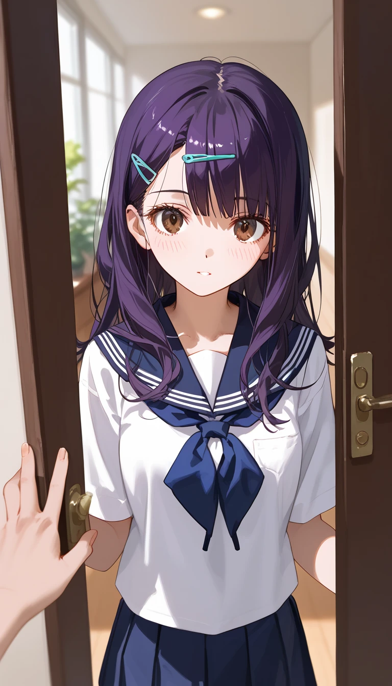 A woman, sunny day, RAW, UHD, 8K, Takeuchi Takashi style, (closeup:1.1),pov doorway, highly detailed face, blush, lip, black hair, Dark brown eyes, bangs, long hair, loose hair, purple hair clip, Knit two hands, Vietnamese school uniforms, makeup, Top view, looking at the viewer