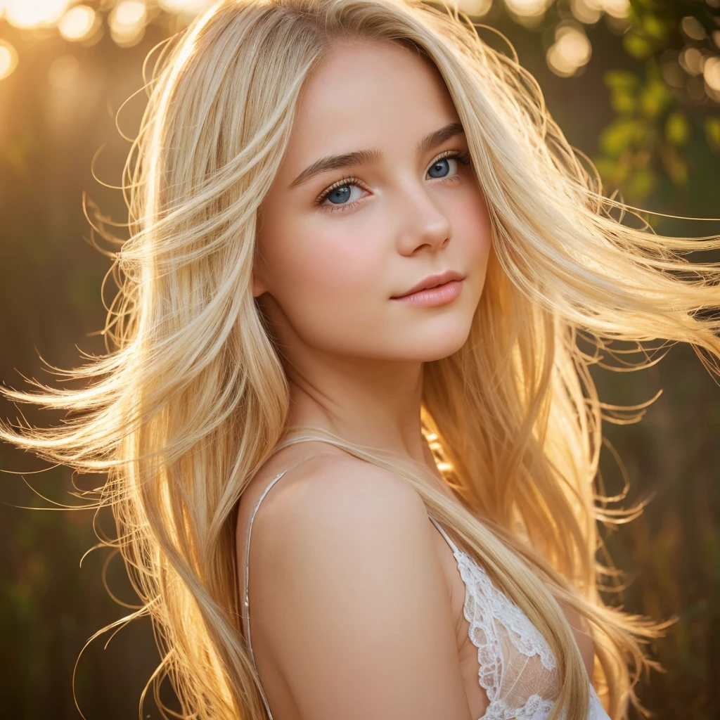 A young girl, radiant gymnastic vision of youth and vitality, with hair so blonde it seems to have been spun from the very threads of the sun. It cascades down her back, reaching her very slim waist with a gentle, feathery touch that seems to invite one to run their fingers through it. Detailed beautiful delicate face, Detailed beautiful dreamy deep cerulean eyes, high detailed skin, heart-shaped face, face with pointy chin, very small mouth, delicate moist lips, big breast, large cup.