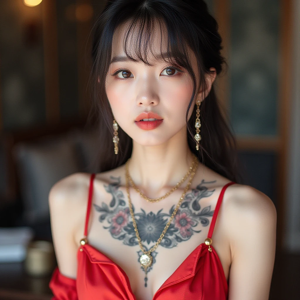 (sfw:2.0),high resolution、Real、8k、23 years old、1 female、Beautiful symmetrical body、Noble Gown、(Bright flower tattoo on chest)、Long Hair、(Enthusiastic:1.1), (young woman:1.1), sharp, (Upper body portrait)、(perfect body:1.1), Realistic, True Shadow, 3D, (Temple Background:1.8)、A fleshy body、plump body、Perfect proportions, Two-tone lighting, Low ISO, White balance, Large Diameter, 8K Original, Highly efficient subpixels, subpixel convolution, Luminous Particles, Light Scattering, (Graceful features), (Perfect face), Dynamic Angle、((Skeletally correct body))
