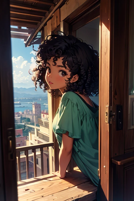 Afro American girl, black eyes and curly hair looking out a window balconyAlta resolução,  masterpiece ,  Anatomically correct , detail, 