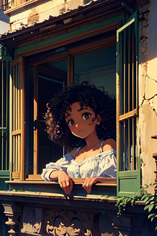 Afro American girl, black eyes and curly hair looking out a window balconyAlta resolução,  masterpiece ,  Anatomically correct , detail, 