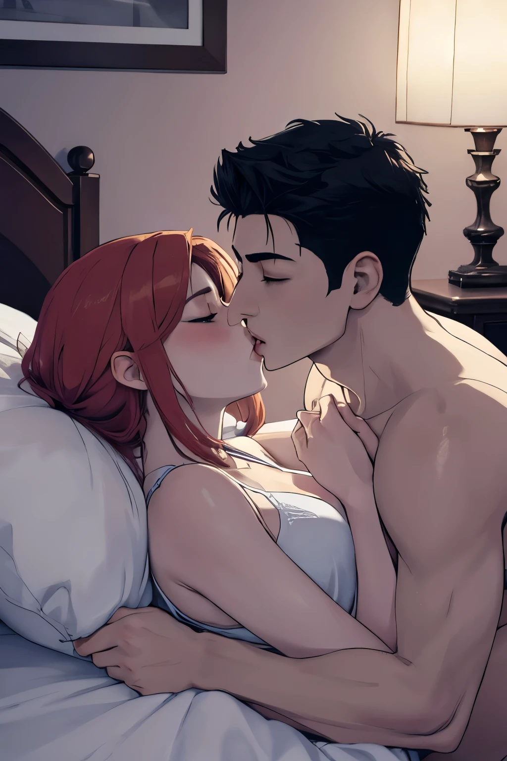 Boy and woman, beautiful woman, kissing each other with passion, in a bedroom, bright room, candles lit, night time,