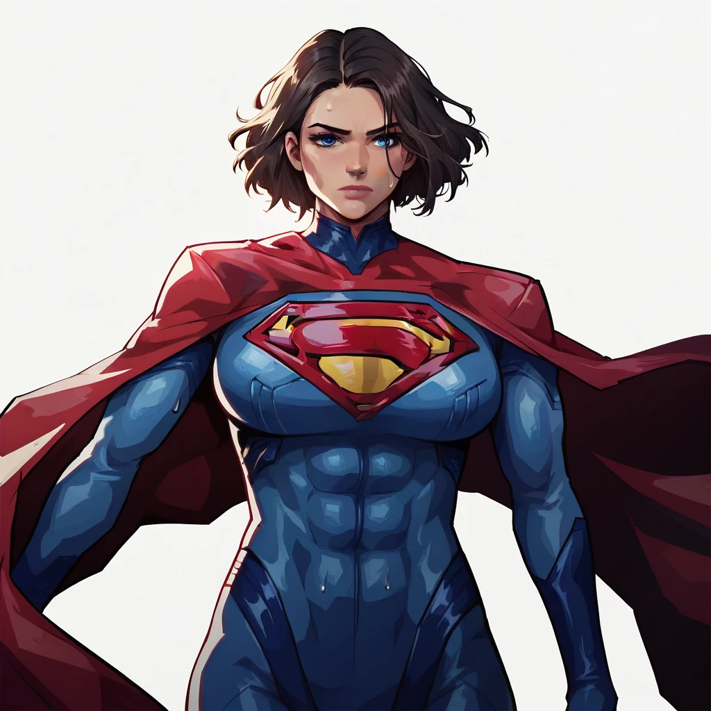 1girl, solo, breasts, looking at viewer, short hair, blue eyes, simple background, large breasts, brown hair, black hair, white background, closed mouth, medium breasts, upper body, cape, lips, muscular, bodysuit, abs, genderswap, skin tight, muscular female, red cape, animification, superhero, blue bodysuit, standing, cityscape, horny, sexy, hips, curvy_figure, curvaceous, sweating, seducing, supergirl, AdamHughesStyle