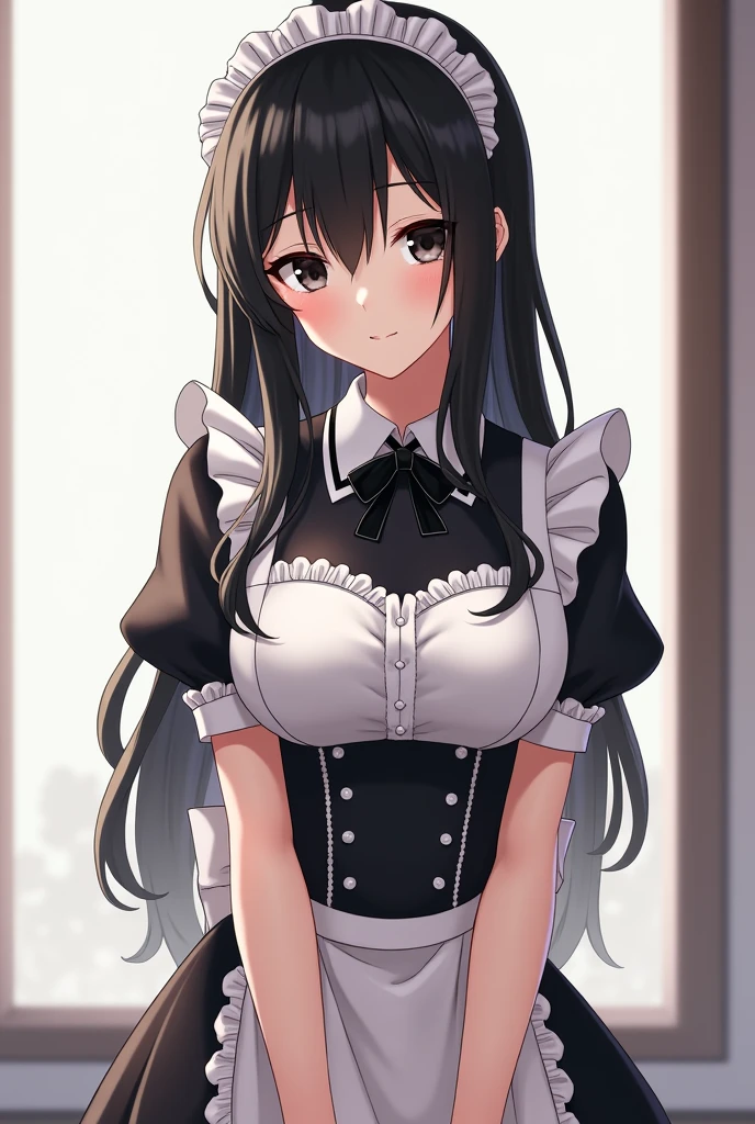 (masterpiece、top-quality:1.2), cowboy shot, 独奏, 1girl in, shirase sakuya, Look at viewers, High Ponytail, student clothes, shirt with collar, neck tie, plaid skirts、shiny oily skin with high contrast,, huge long breasts, Big breasts emphasis、独奏、,(maid clothes:1.2), (Maid Cross, Mini Swirl Skirt, Maid Bandana,)、((Black bow, black bowtie, Puffy Short Sleeves, , frills skirt:1.3)),,(Skirt lift:1.3), (white panties:1.3)、(Skirt that rolls up:1.3)、(Fully exposed panties:1.5)、A smile