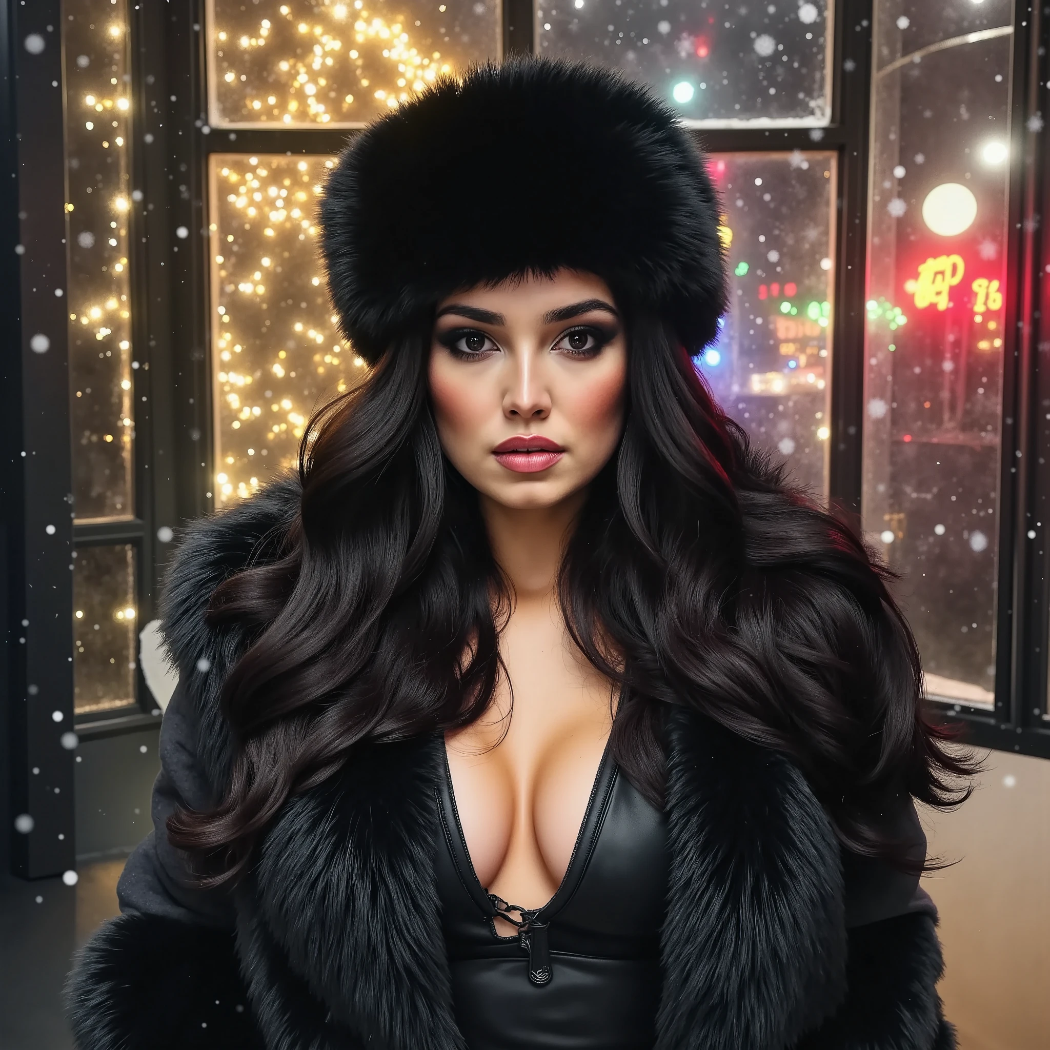 portrait, d4r14zartiskayaflx, A female with dark hair and perfect eyes, wearing a fur coat and a fur hat, seductive, perfect subtle makeup, snowing, christmas lights, wet gouche, winter