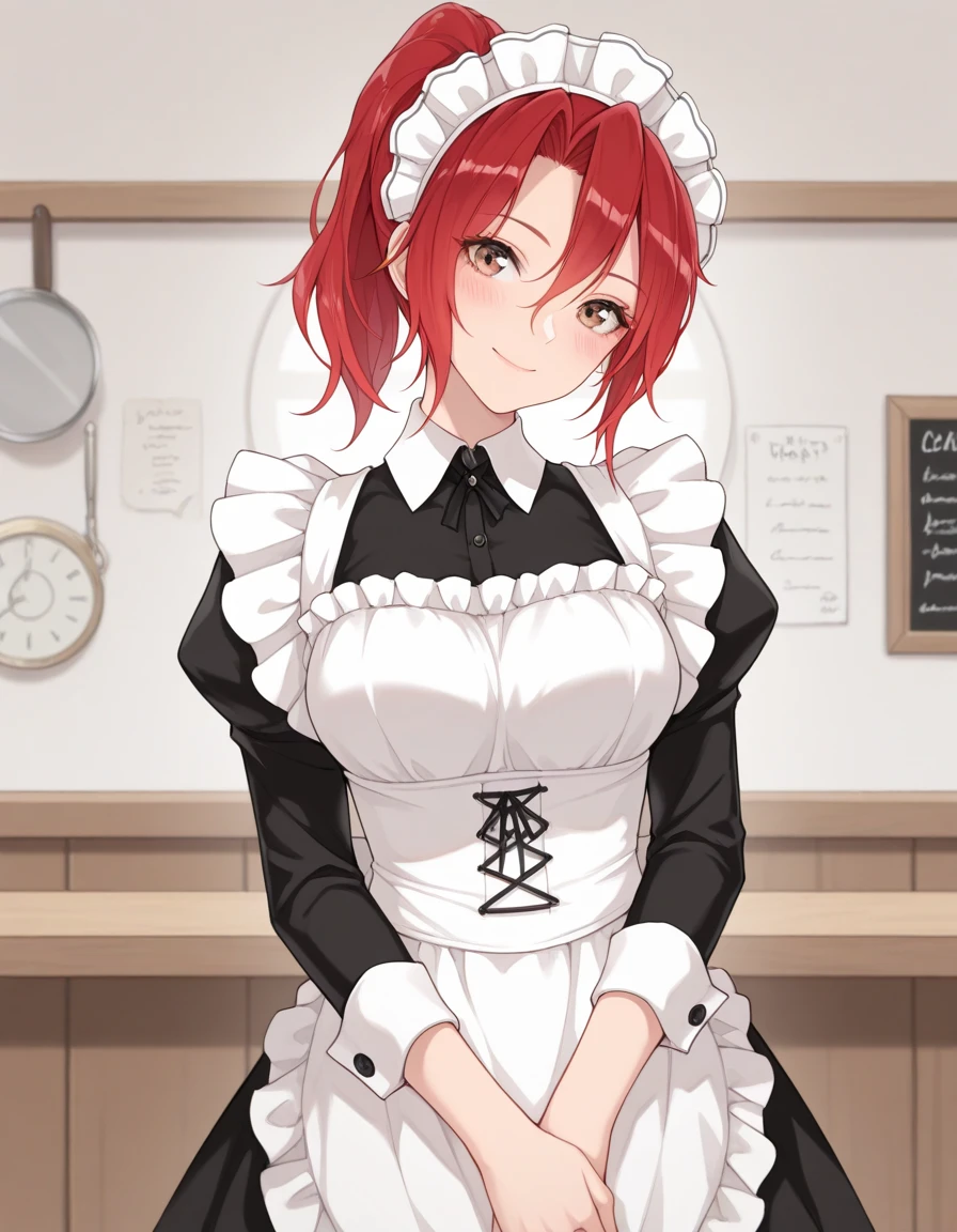 1girl, solo, KJOerika, red hair, brown eyes, ponytail, hair between eyes, maid headdress, maid apron, own hands together, smile, blush, head tilt, closed mouth, café,nanahara fuyuki,ruo zhishi chu jian,yueko \(jiayue wu\),colis,masterpiece, best quality, amazing quality, very aesthetic, absurdres,newest,huge filesize,