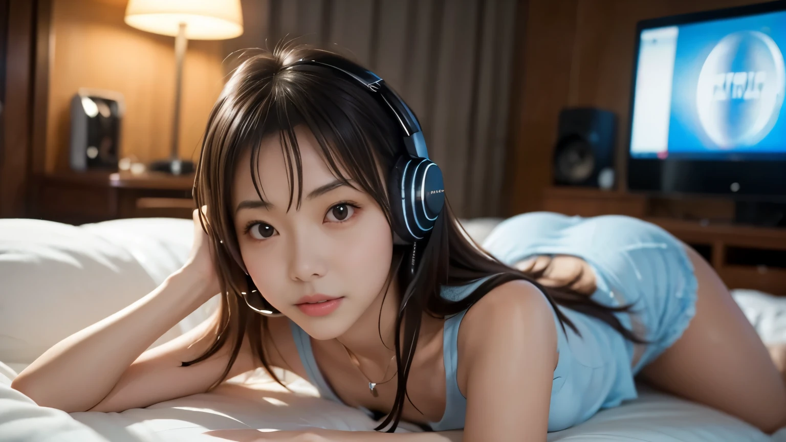 NSFW,(headphones:1.3)、anime girl, small curvaceous , anime girl, slender、soft expression、smile、detailed digital anime art, small breasts, Cute anime waifu in sailor uniform,  in a sailor suit, Tokyo intersection background、walk、detailed anime artワーク, detailed anime art, Highly detailed official artwork, Kshatkrentz Key Art Female, [ 4K digital art ]!!