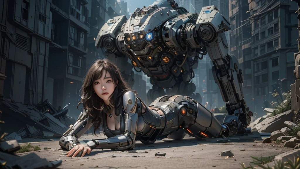 （（tmasterpiece，best qualtiy）），illustration，Ultra-detailed 8K，Clear focus，A highly detailed，Professional lighting，Colorful detailed，A girl and a mech，Beautuful Women，lottalewdsLargeMecha，cranny，with light glowing，with light glowing，Complicated details，（（1girl stands in front of the audience）），closeup cleavage，The upper part of the body
