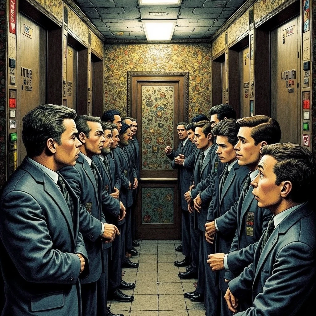 Long, oblique shot image, comic style, from the upper corner of an elevator full of identical characters, adult men, dressed in dark gray suits and ties, ominous atmosphere, typical elevator lighting, HDR, UHD, 64k, Masterpiece, Highly detailed , insane details, photorealistic dynamic angle, sharp focus