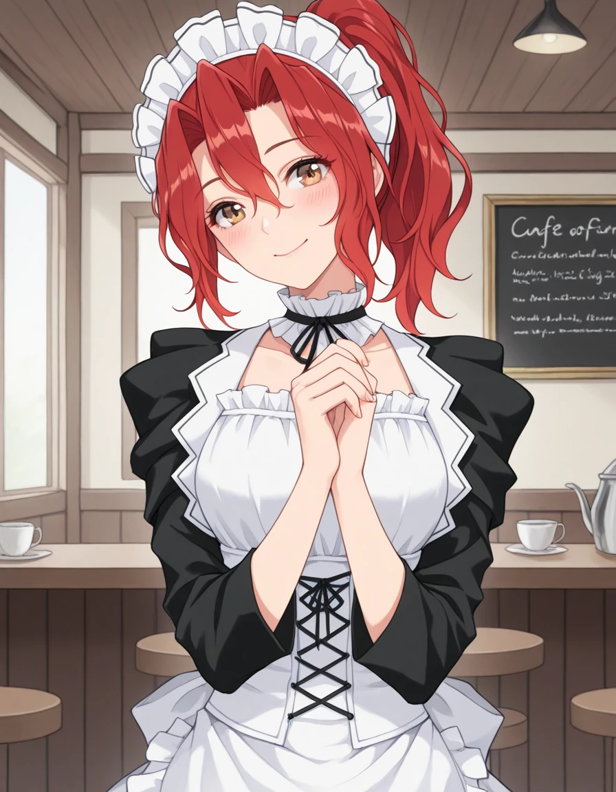 1girl, solo, KJOerika, red hair, brown eyes, ponytail, hair between eyes, maid headdress, maid apron, own hands together, smile, blush, head tilt, closed mouth, café,nanahara fuyuki,ruo zhishi chu jian,yueko \(jiayue wu\),colis,masterpiece, best quality, amazing quality, very aesthetic, absurdres,newest,huge filesize,