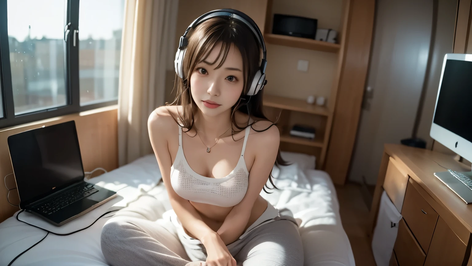 of Misaki, small breasts, highest image quality taken by Ki,night、 listening to music in her cozy room, Beautiful 25-year-old woman with impressive big eyes , using headphones , 2D Style Anime, Lo-Fi, iMac , hard disk , Dark Environment