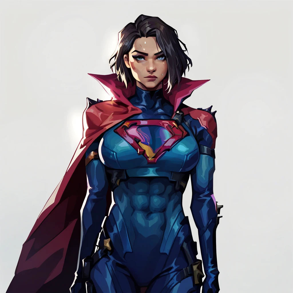 1girl, solo, breasts, looking at viewer, short hair, blue eyes, simple background, large breasts, brown hair, black hair, white background, closed mouth, medium breasts, upper body, cape, lips, muscular, bodysuit, abs, genderswap, skin tight, muscular female, red cape, animification, superhero, blue bodysuit, standing, cityscape, horny, sexy, hips, curvy_figure, curvaceous, sweating, seducing, supergirl, valorant style, valorant