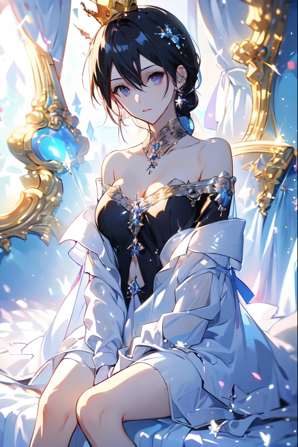  Quality Best ,  very detailed , masterpiece, Super Fine, (Reality: 1.2),  1 girl at home, ( white background ),  Clean Background ,  Delicate eyes, black hair,  purple eyes , hair_ ornament , (White off-the-shoulder shirt: 1.3), long hair, Sharp_ear, crown_braid, No Expression, straight hair, (++ Sitting: 1.2), Room,

 Long hair ，Female Kirito ，Big breasts(d), Chest, Black Hair, 