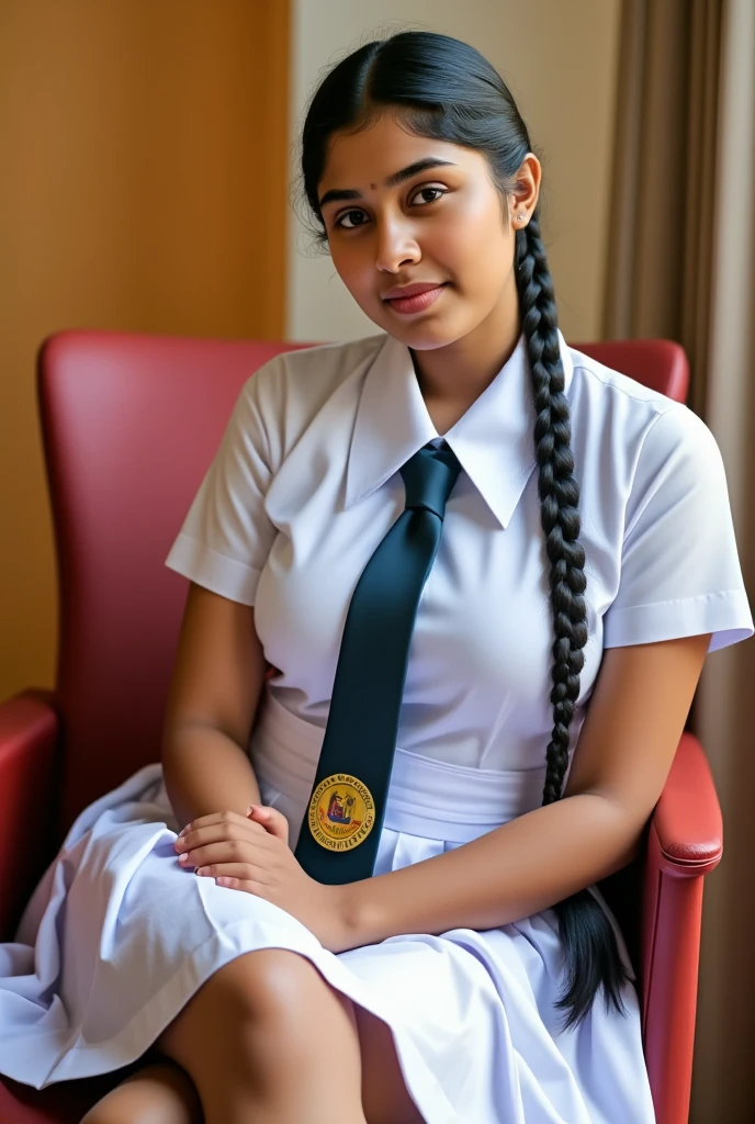 a beautiful cute young teen girl, sri lanka , big breasts size , detailed white frock uniform, color tie , sitting on the chair, beautiful barefoot , full body , wide photo ,cinematic lighting, hyperrealistic, photorealistic, 8k, masterpiece, warm colors, natural lighting , high quality, intricate details, tanned dark color skin, sweaty skin