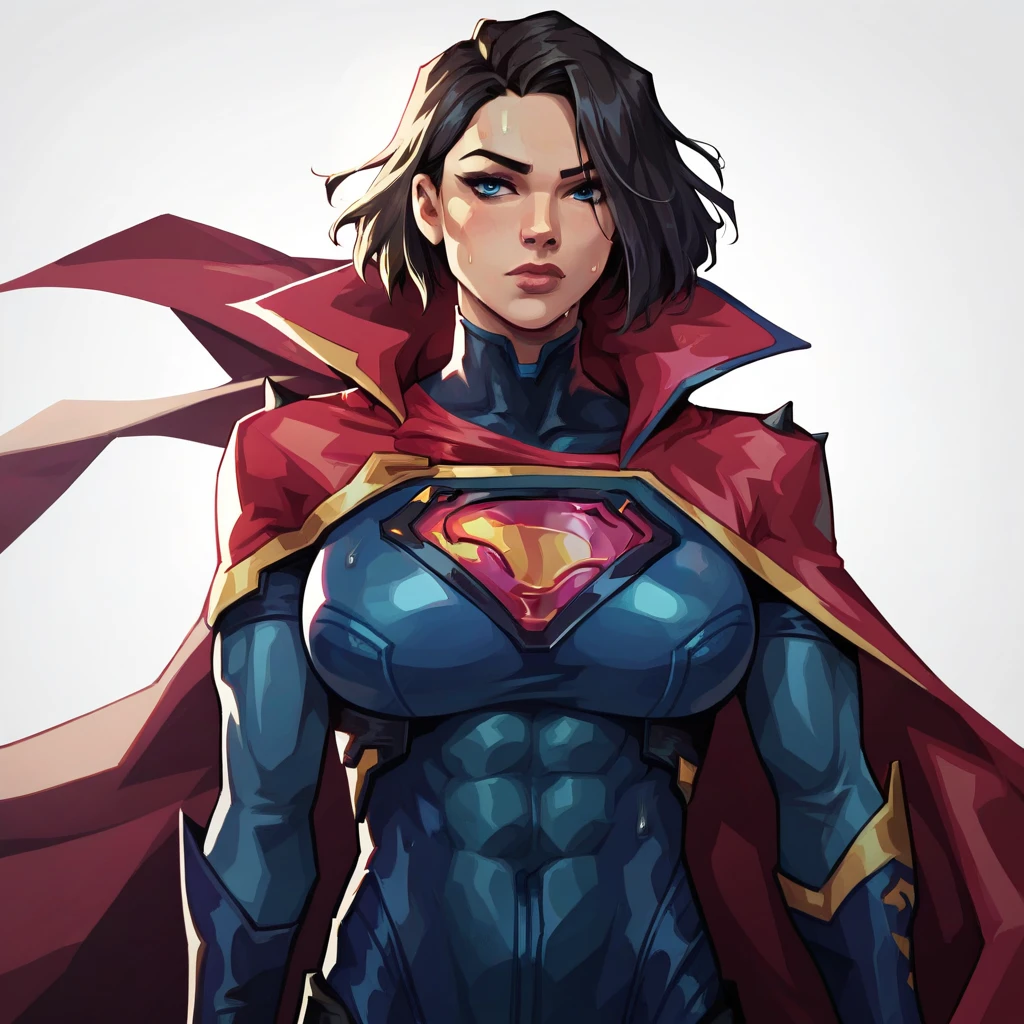 1girl, solo, breasts, looking at viewer, short hair, blue eyes, simple background, large breasts, brown hair, black hair, white background, closed mouth, medium breasts, upper body, cape, lips, muscular, bodysuit, abs, genderswap, skin tight, muscular female, red cape, animification, superhero, blue bodysuit, standing, cityscape, horny, sexy, hips, curvy_figure, curvaceous, sweating, seducing, supergirl, valorant style, valorant