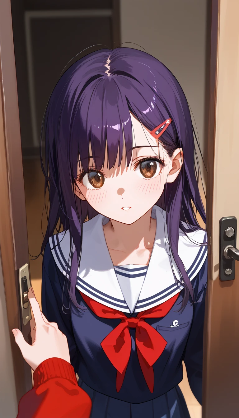 A woman, sunny day, RAW, UHD, 8K, Takeuchi Takashi style, (closeup:1.1),pov doorway, highly detailed face, blush, lip, black hair, Dark brown eyes, bangs, long hair, loose hair, purple hair clip, Knit two hands, Vietnamese school uniforms, makeup, Top view, looking at the viewer